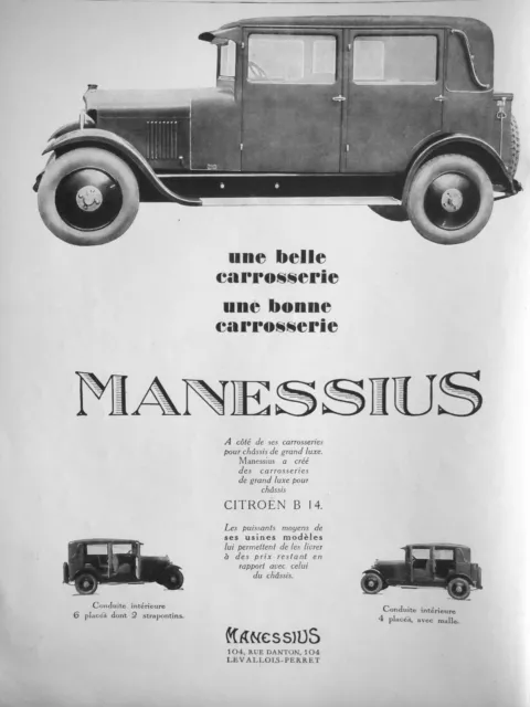 Publicité De Presse 1927 Manessius Une Belle Carrosserie - Advertising