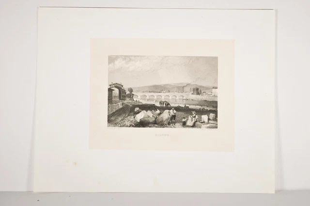 gravure XIX° ROUARGUE, Vue Roanne Pont sur Loire Quai Transport de Pierres