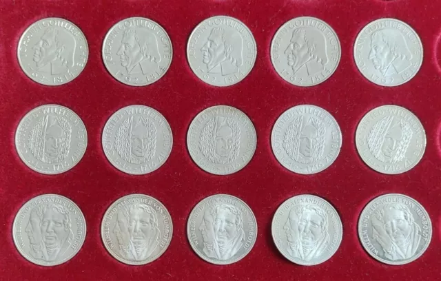 15x 5-DM SilberGedenkmünzen 1964J-Fichte + 1966D-Leibniz + 1967F-Humboldt, vz/ST