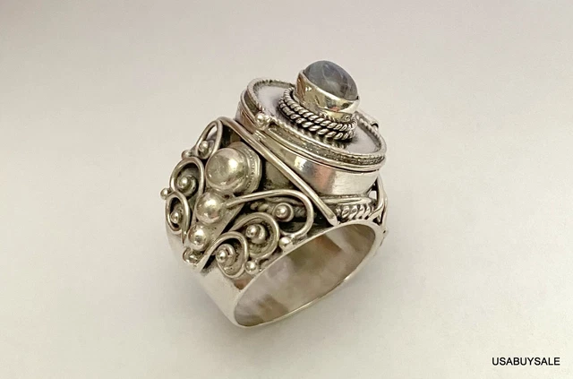 VINTAGE Moonstone Gemstone 925 heavy Sterling Silver Poison Ring Women SIZE 7.75