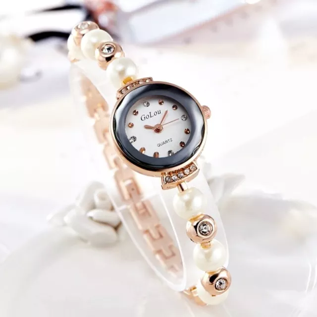 Ladies Rose Gold Pearl Crystal Round Face Elegant Dress Quartz Bracelet Watches