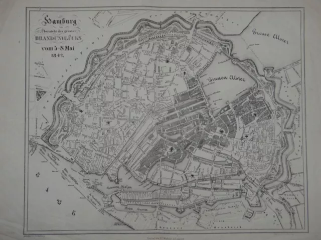 Hamburg zur Übersicht Brandunglücks - Lithographie-Plan n. Loewenberg Brand 1842