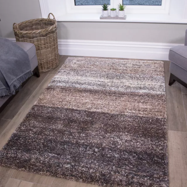 Modern Beige Rug Striped Shaggy Rugs Fluffy Thick Mottled Non Shed Area Carpets