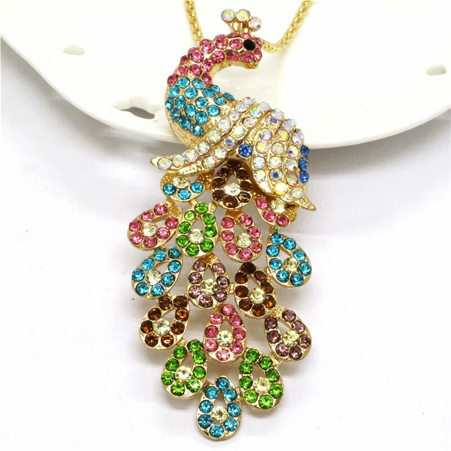 New Betsey Johnson Rhinestone Colorful Bling Peacock Crystal Pendant Necklace 3