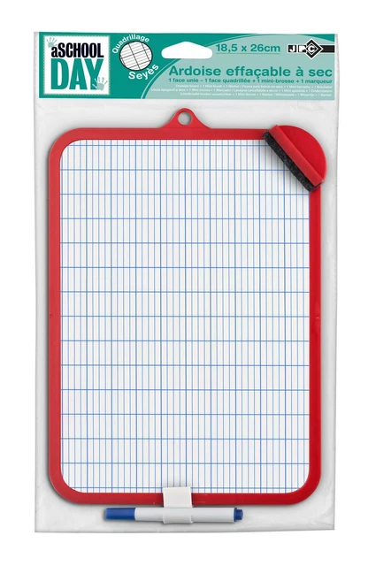 Ardoise Plastique Effaçable à Sec - 19x26cm, Face Unie + Face Lignée Seyès 4mm, Cadre Coloré Avec Trou