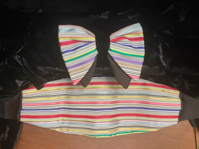 Fabulous Clip On Bow Tie W/Matching Cumber Bun, Rainbow Silk Stripes Black
