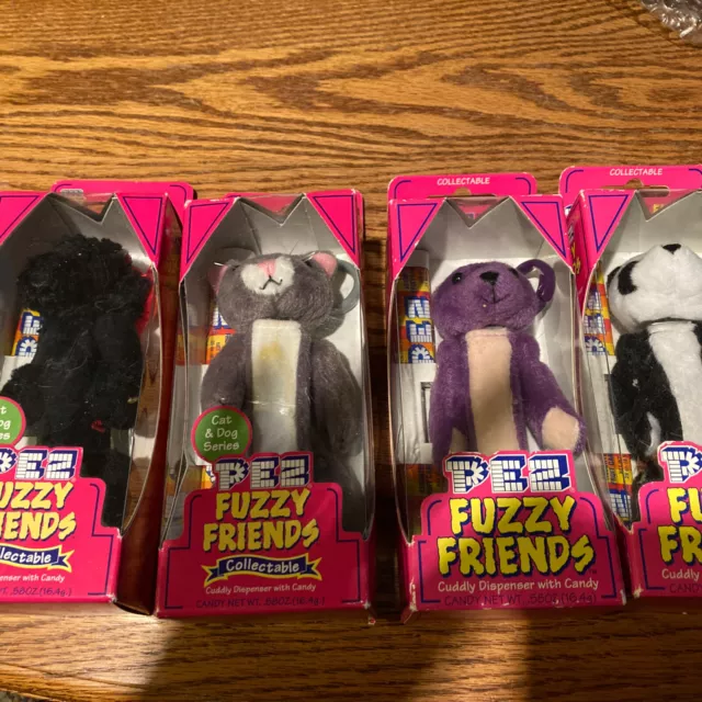 4 PEZ FUZZY FRIENDS JADE BEAR , Gilbert Bear, Oscar The Cat, Molly The Poodle