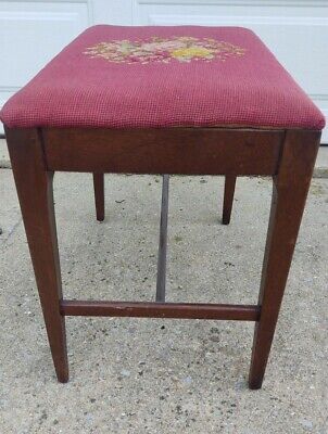 Vintage Wooden Stool Bench Ottoman Floral Needlepoint Top 3