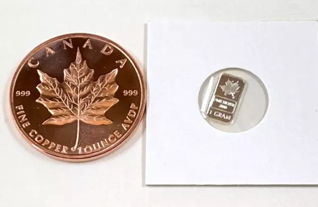 Silver & Copper * Canadian Maple Leaf Art * .999 Bullion Bar & Round Combo Set