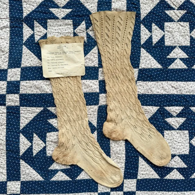 Antique Regency 1820s Kids Beige Cotton Pointelle Cable Knit Stockings Socks