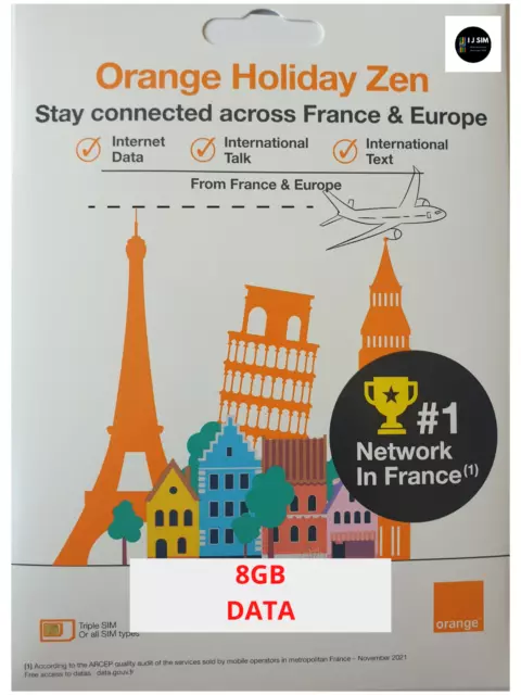 Data Sim Orange Holiday France 8GB Card with Unlimited Calls & SMS In Europe