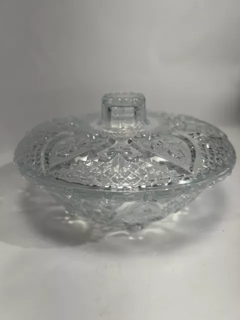 Vintage Pressed KIG/MALAYSIA Glass CANDY NUT DISH WITH LID Heart Rose Design 7"