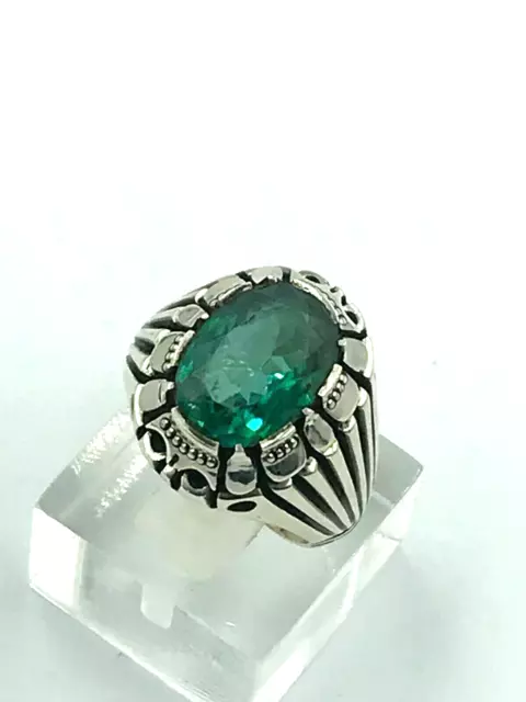 Custom Handmade Engraved Men's Silver Ring With Oval Green Topaz التوباز الأخضر