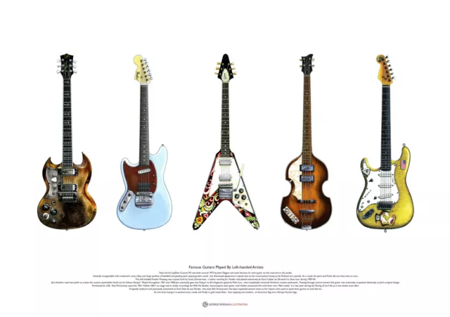 Famous Guitars played by Left-handed Artists ART POSTER A2 size