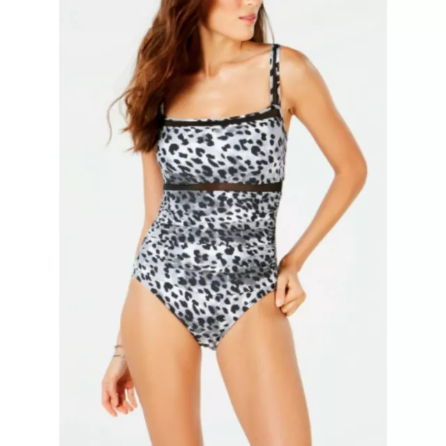 DKNY Women's Sz 10 Leopard Animal Print Black White Mesh One Piece Swimsuit NWT