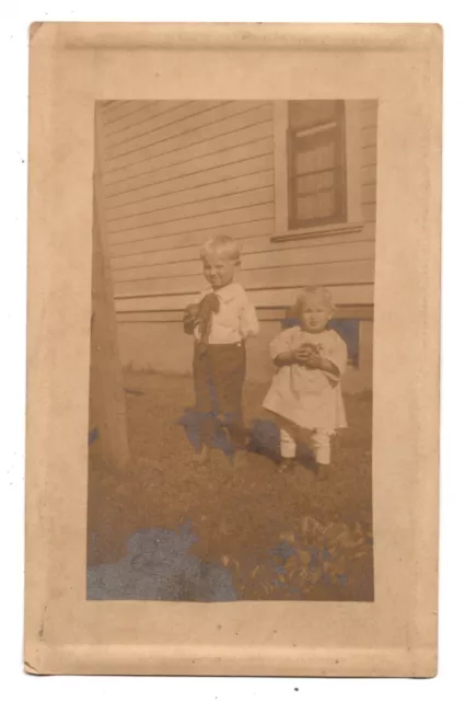 Rppc Postcard 1919 Two Cute Little Children Standing Outside House Unposted