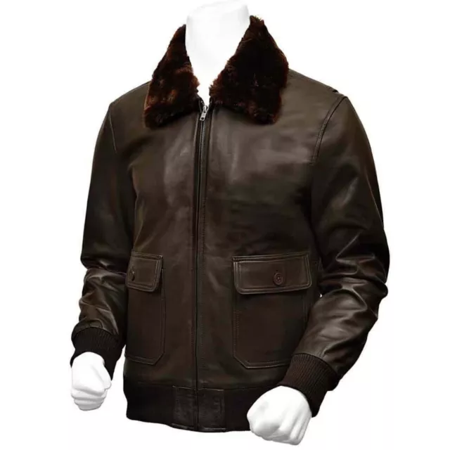 MEN BROWN LEATHER Bomber Jacket Satin lined Fur Collar Lambskin Coat ...