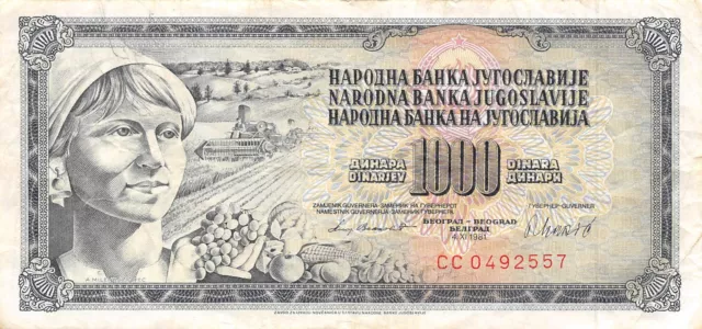 Yugoslavia  1000  Dinara  4.11.1981  Series CC  Circulated Banknote SD718