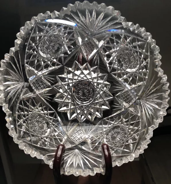 American Brilliant Period Antique Hand Cut Star Hobstar Sawtooth Rim Large Bowl