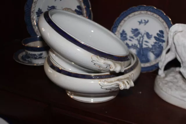 Antique England Staffordshire porcelain Blue Tureen Serving Dish gilt edge set