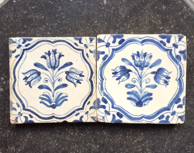 Antique 2 x Dutch Delft Tile Three-Flower Wan-Li Circa 1625