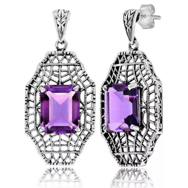 Natural 6CT Amethyst 925 Solid Sterling Silver Art Nouveau Earrings FB10