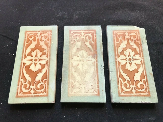Set of Three Reclaimed Antique 6" x 3" Victorian Tiles Tiling Décor (EER500)