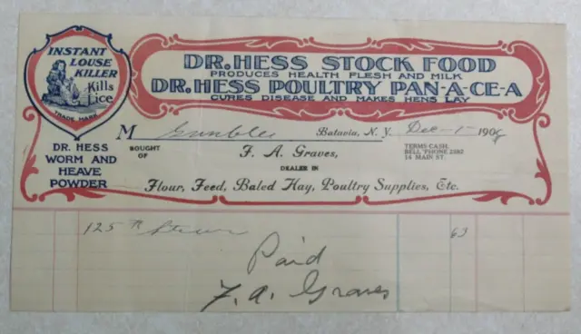 Dr Hess Stock Food Poultry Pan-a-cea Batavia NY 1900's Vintage Letterhead SBF95
