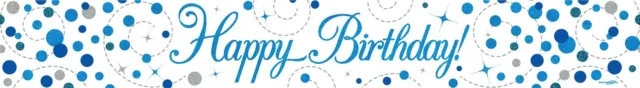 Happy  Birthday Foil Banner Blue White Fizz Party Wall Door Decorations