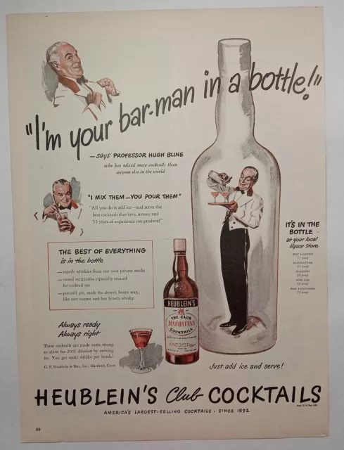 1940's Heubleins Cocktails waiter Brown Bottle  Colorful Vintage Print Ad