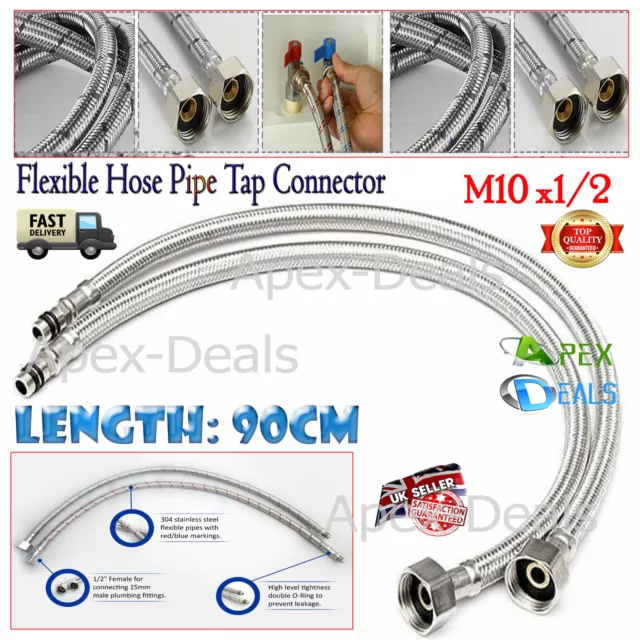 2x Basin Hose Pipe Flexible Tap Connectors Flexi Tails Monobloc Mixer Pipes 90cm
