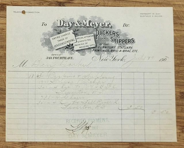 1907 Letterhead New York City Day & Meyer Packers Shippers