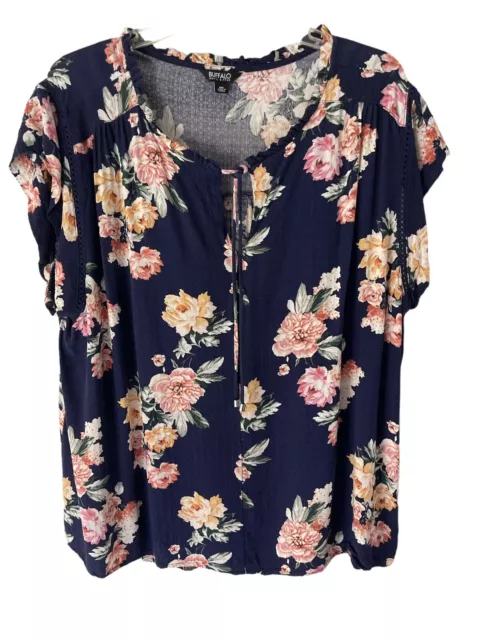 Buffalo David Bitton Blouse Womens XXL  Navy Multicolor Floral Print Popover Top