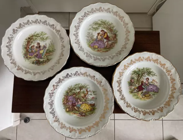 Lot 9 anciennes assiettes plates décor Fragonard dorure Porcelaine France DIGOIN