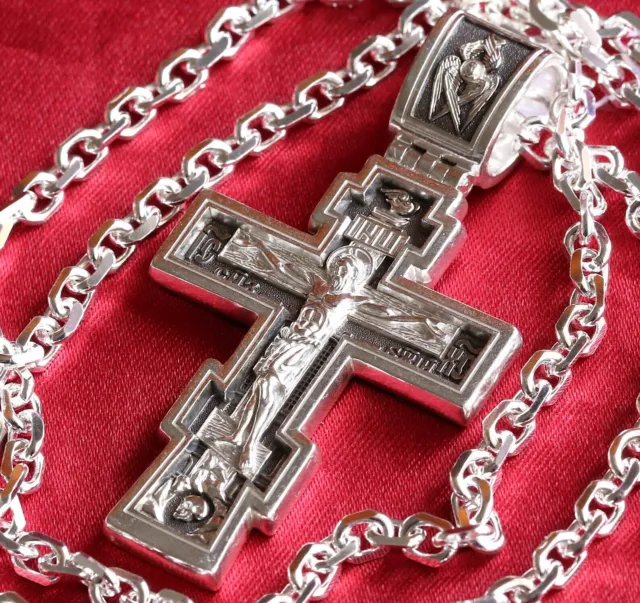 Large Heavy Russian Orthodox Body Prayer Cross Silver 925 + Solid Anchor Chain