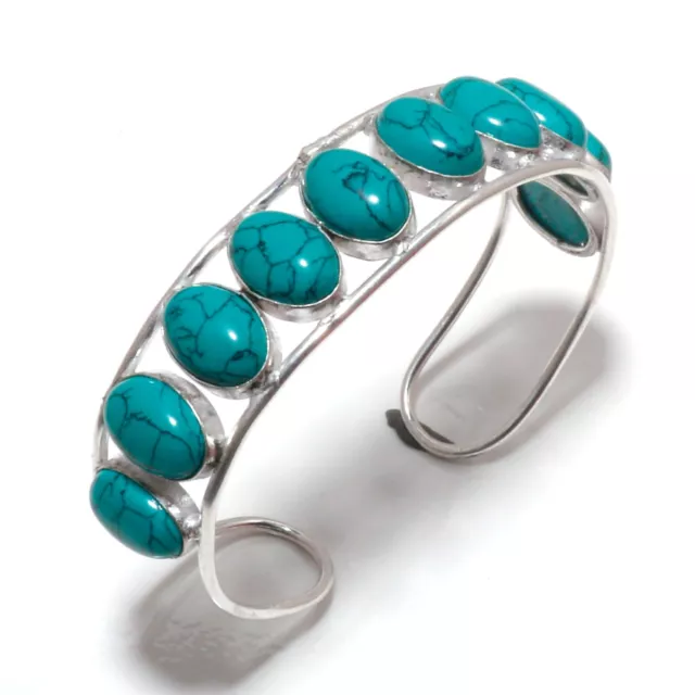 925 Sterling Silver Blue Turquoise Gemstone Cuff Bracelet Jewelry Size Adjust.
