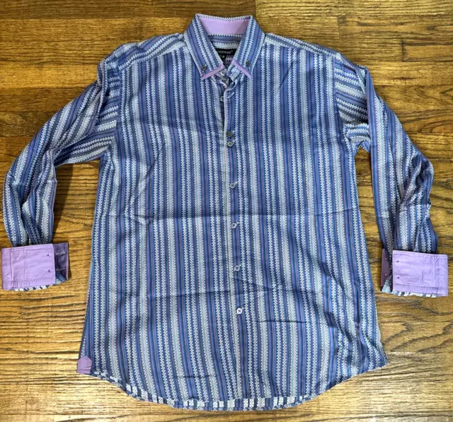 Bogosse Shirt Mens Button Up Geometric Striped Long Sleeve Purple Blue Size 4 L