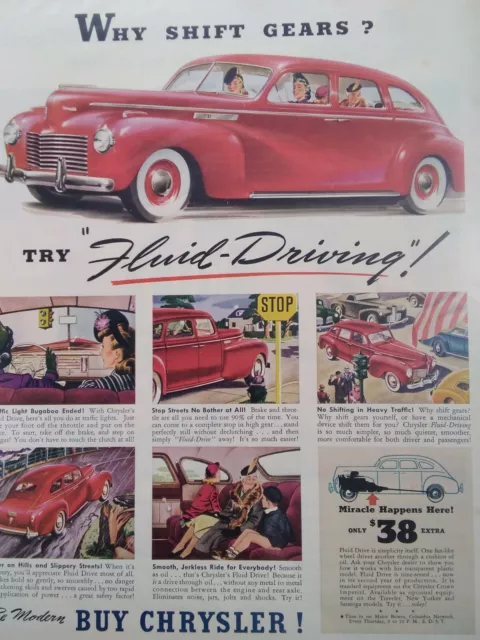 Chrysler Print Ad Original Vintage 1940s Fluid Drive Red Sedan Automatic Miracle