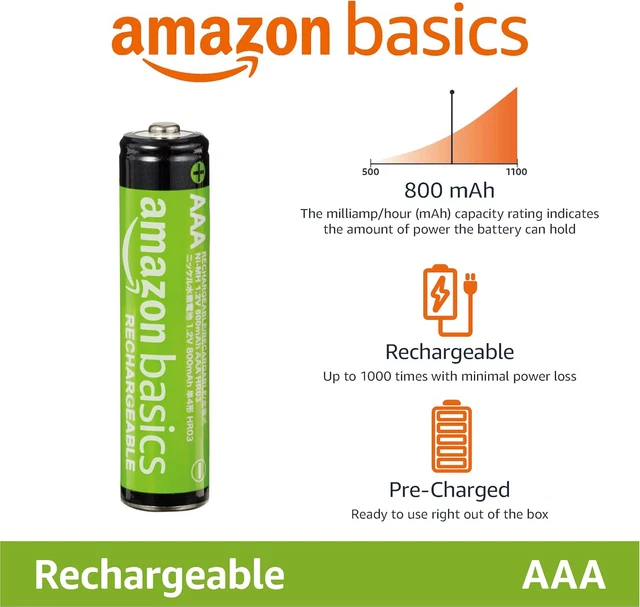 AMAZON BASICS AAA NiMh Rechargeable Batteries, Precharged, Pack of 4