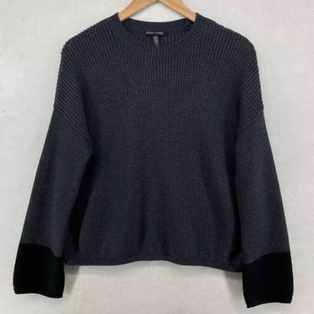 EILEEN FISHER Sweater S Extra Fine Merino Wool Long Sleeve Pullover Gray Black