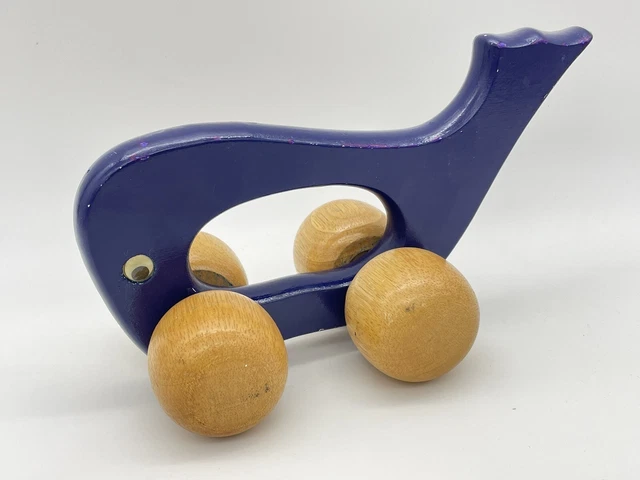 Vintage Wooden Whale Roller Googly Eyes Push Toy Massager Navy Blue