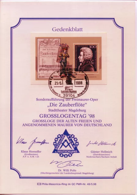 BRD MiNr 1571 Bl 26. PMR-Nr 48 GLT 1998 "Die Zauberflöte" W.A. Mozart Freimaurer