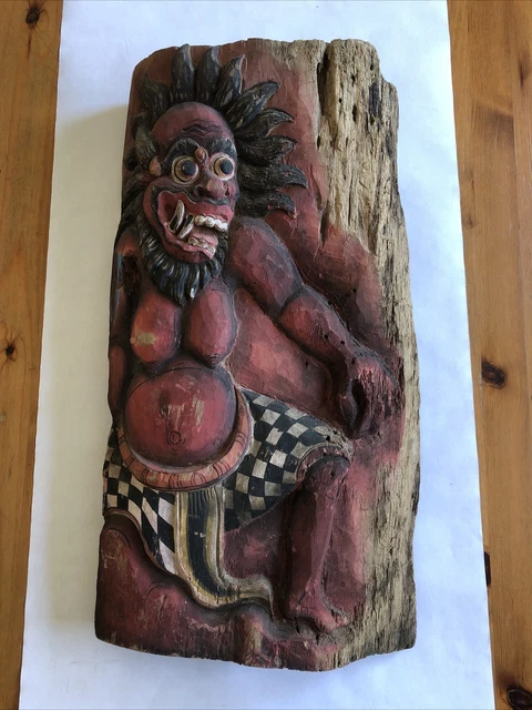 Balinese Wood Carving Red Demon Hewn Sculpture Hand Painted Asian Art Panel