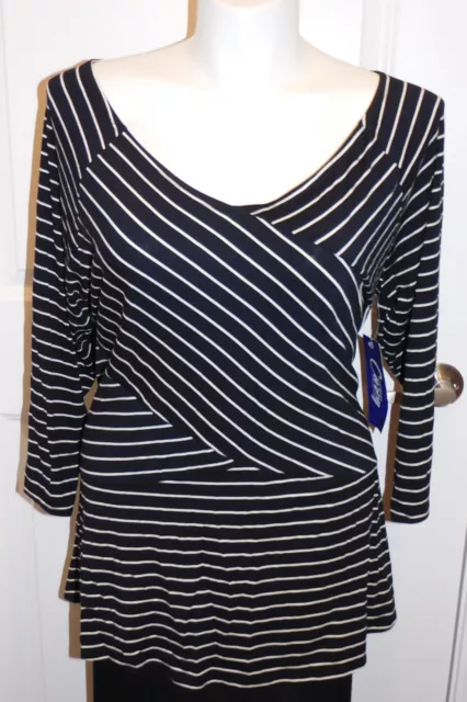 2X Catherines Women Plus Size Black White Stripe 3/4 Sleeve Stretch Knit Top NWT