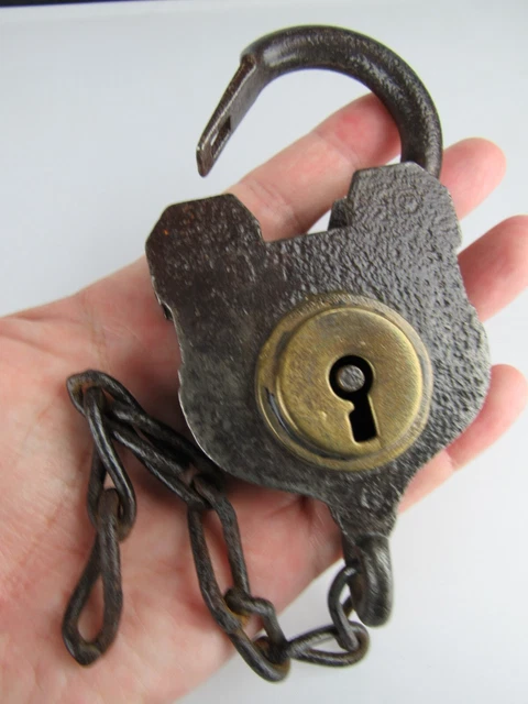 smokehouse padlock RARE antique vintage obsolete large lock chain BRASS HEART