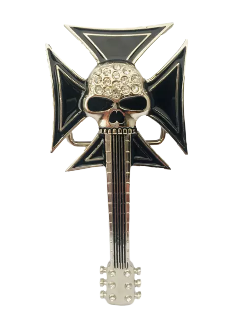 Belt Buckle Skull Guitar with Iron Cross and Diamante inlay Biker Silver Black