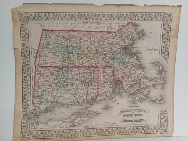 1873 Mitchell's Map of Massachusetts, CT, R.I., Authentic Hand-Colored Antique
