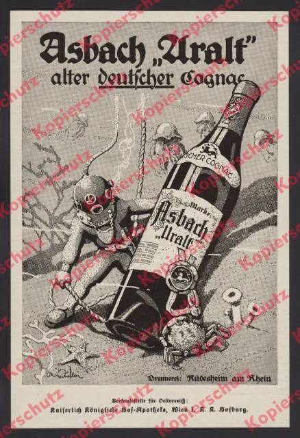 Reklame Asbach Uralt Cognac Helmtaucher Rüdesheim K.u.K. Hof-Apotheke Wien 1916