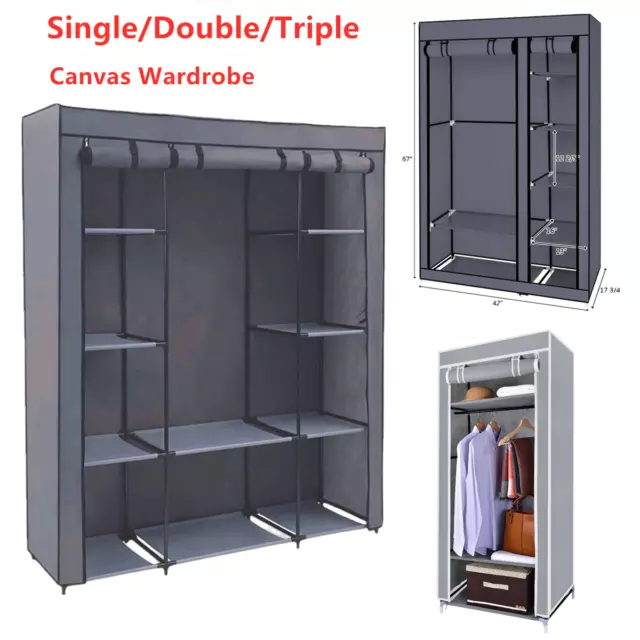 Single/Double/Triple Fabric Canvas Wardrobe Clothes Hanging Rail Shelves Storgae