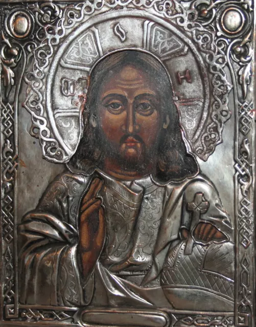 Jesucristo De Colección Ortodoxo Icono Pintado A Mano Con Cara Plateada Oklad